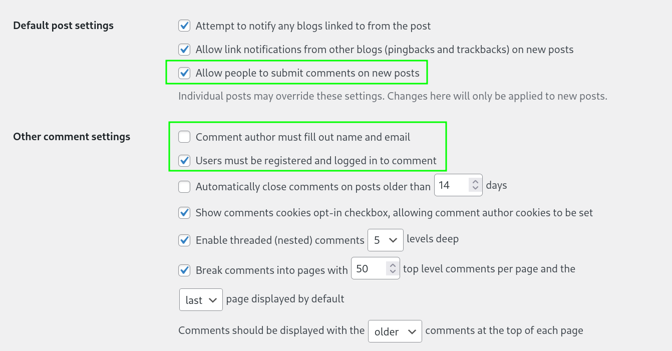 Wordpress Comment Settings